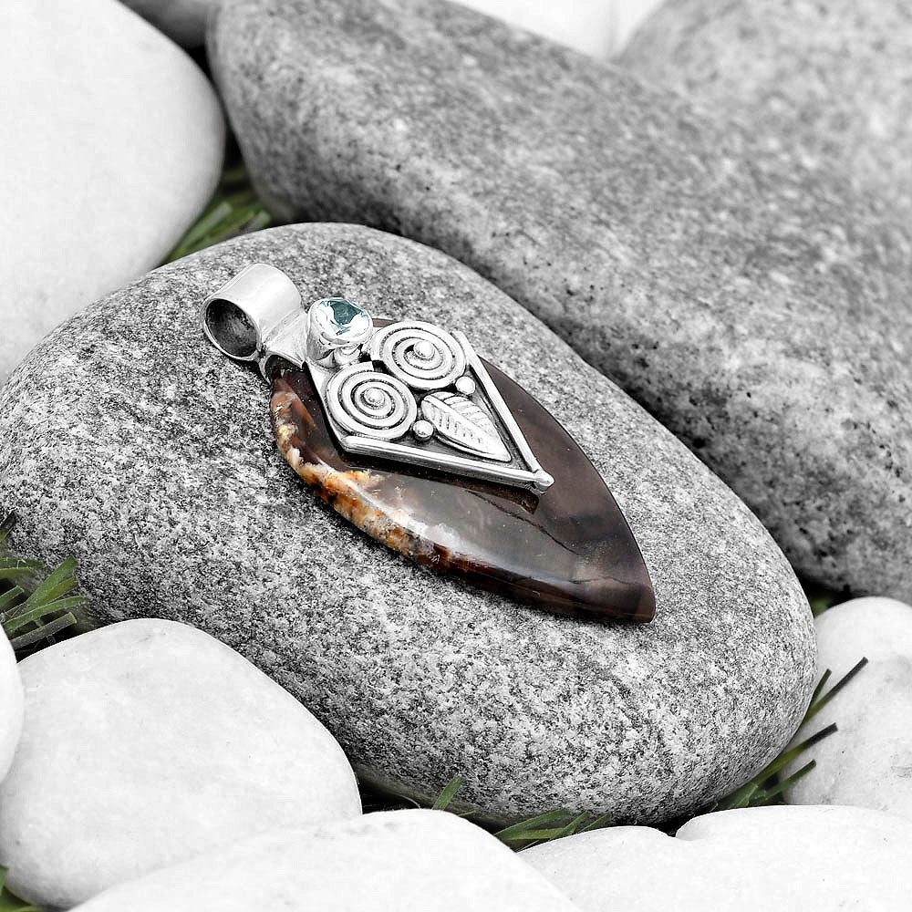 Owl - Red Palm Root Agate & Sky Blue Topaz Pendant P-1649 SDP130429