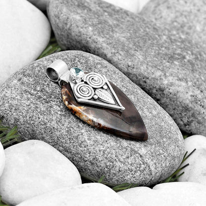 Owl - Red Palm Root Agate & Sky Blue Topaz Pendant P-1649 SDP130429