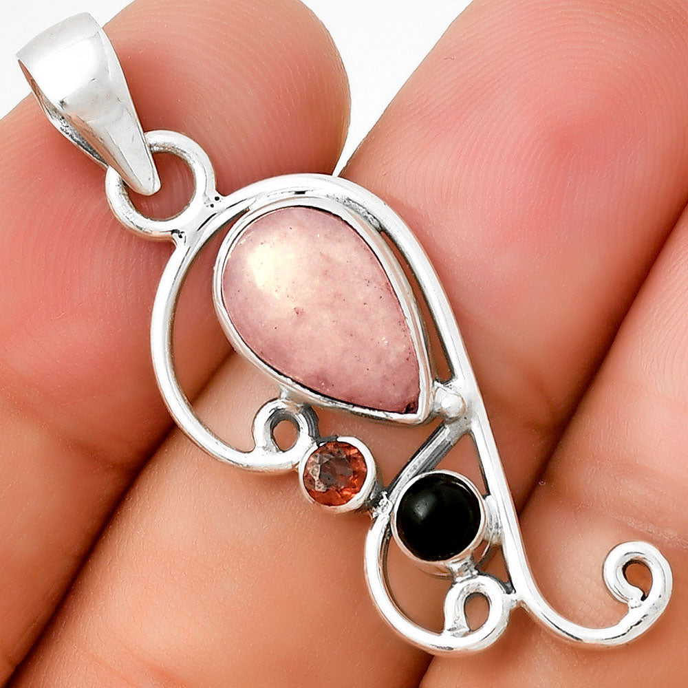 Pink Scolecite, Black Onyx & Garnet Pendant P-1039 SDP130925