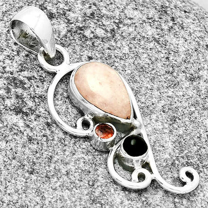 Pink Scolecite, Black Onyx & Garnet Pendant P-1039 SDP130925