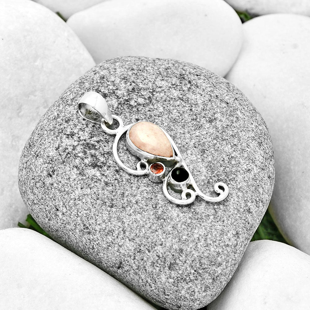 Pink Scolecite, Black Onyx & Garnet Pendant P-1039 SDP130925