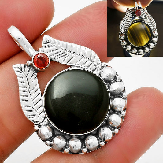 Natural Black Lace Obsidian & Garnet Pendant P-1374 SDP131359