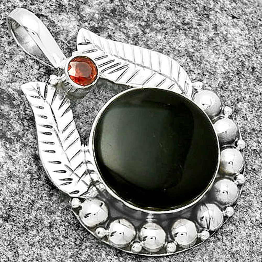 Natural Black Lace Obsidian & Garnet Pendant P-1374 SDP131359