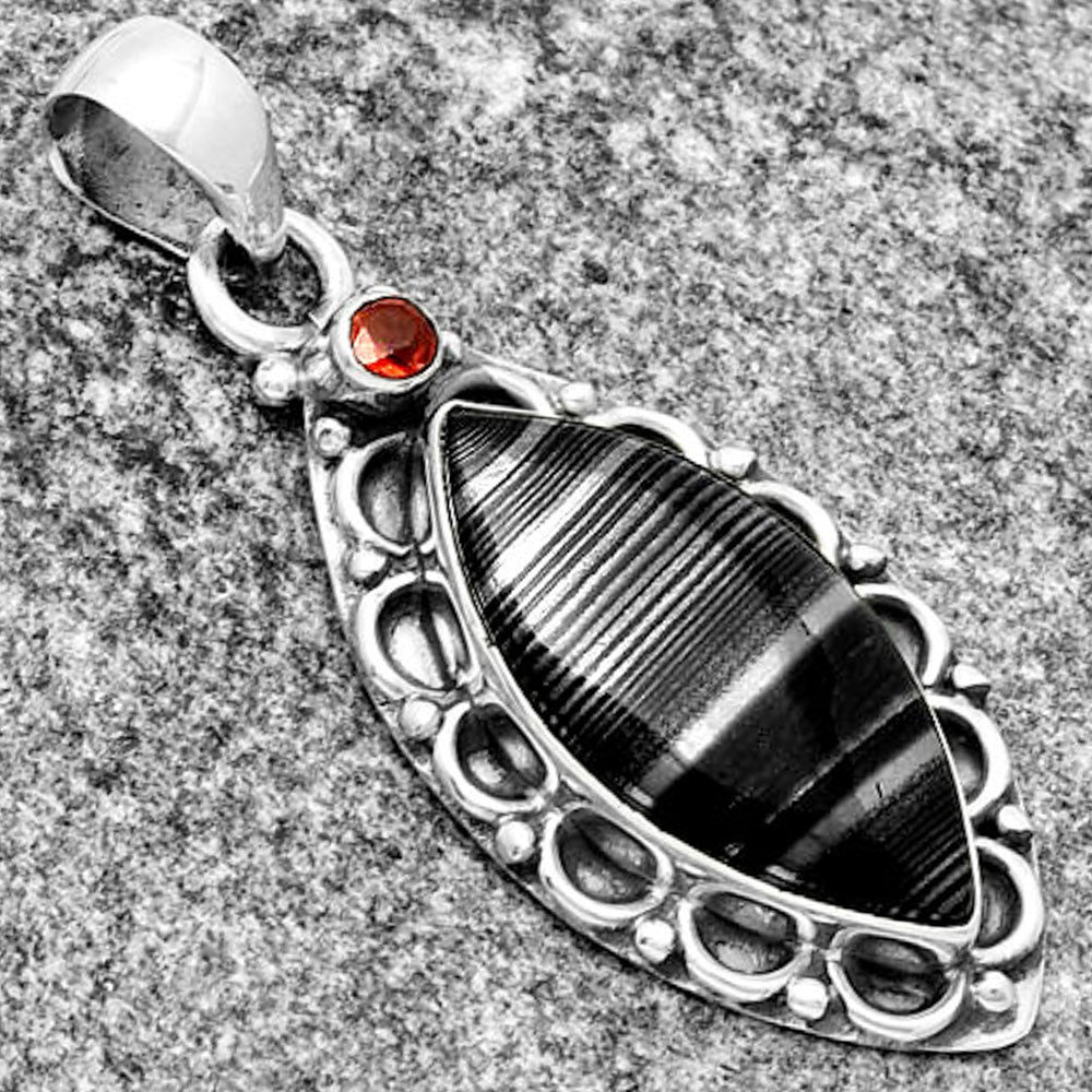 Crown Of Silver Psilomelane - Black Malachite & Garnet Pendant P-1080 SDP131805
