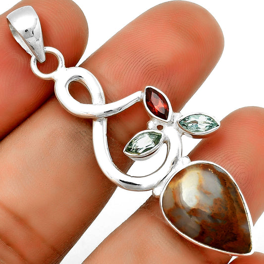 Red Moss Agate, Sky Blue Topaz & Garnet Pendant P-1118 SDP131860