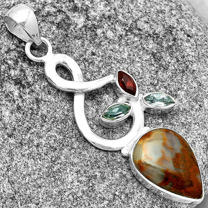 Red Moss Agate, Sky Blue Topaz & Garnet Pendant P-1118 SDP131860