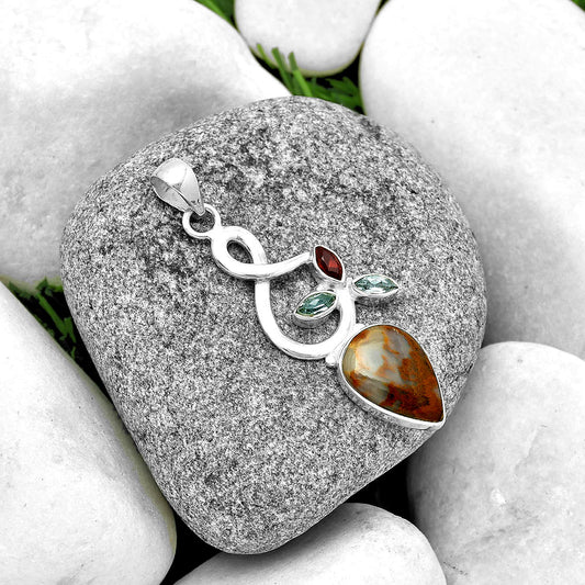 Red Moss Agate, Sky Blue Topaz & Garnet Pendant P-1118 SDP131860