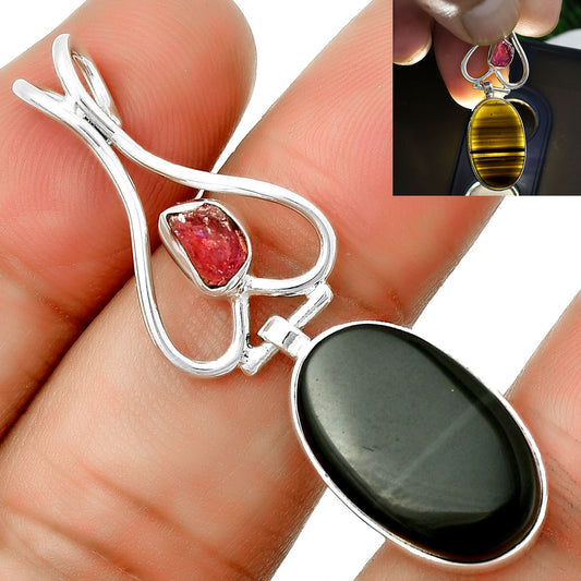 Black Lace Obsidian & Pink Tourmaline Rough Pendant P-1542 SDP132106