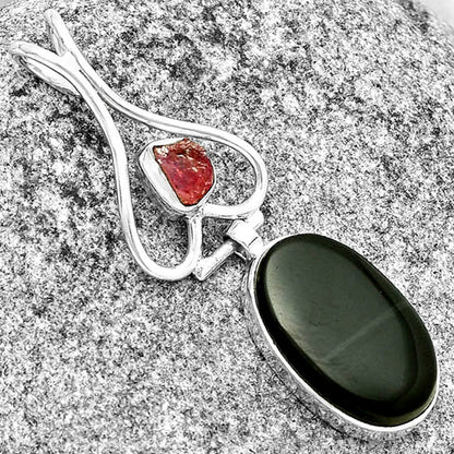 Black Lace Obsidian & Pink Tourmaline Rough Pendant P-1542 SDP132106