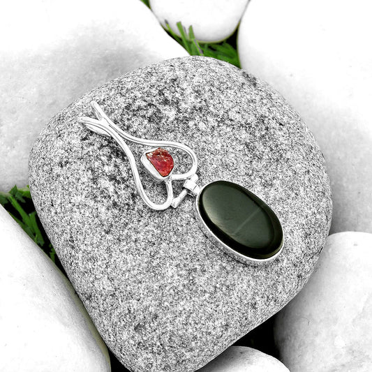 Black Lace Obsidian & Pink Tourmaline Rough Pendant P-1542 SDP132106