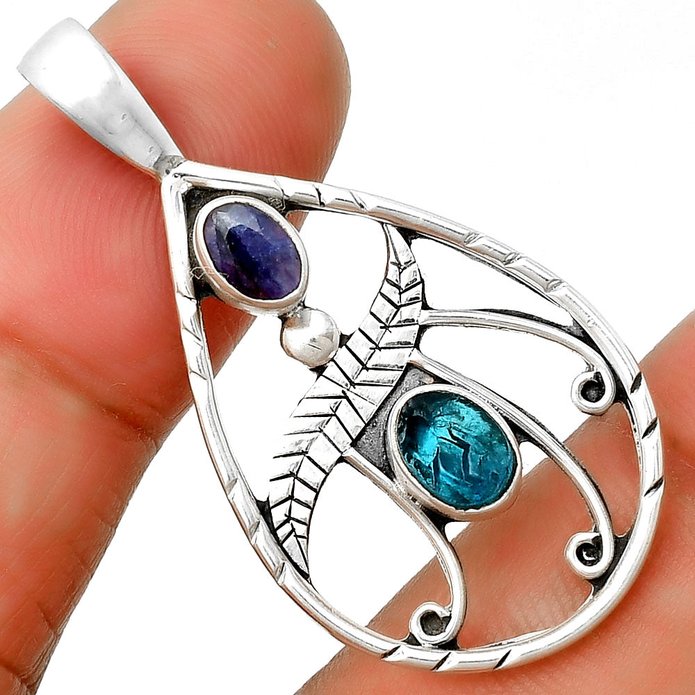 Neon Blue Apatite Rough & Blue Sapphire Quartz Pendant P-1376 SDP133104