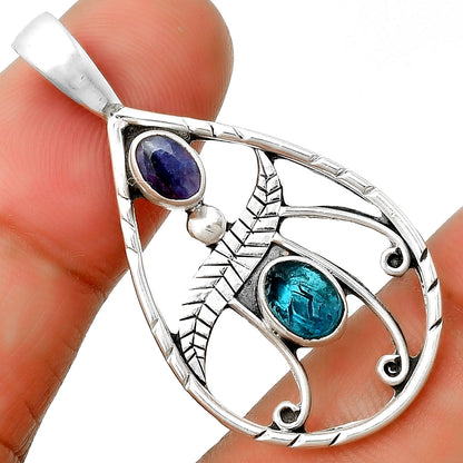 Neon Blue Apatite Rough & Blue Sapphire Quartz Pendant P-1376 SDP133104