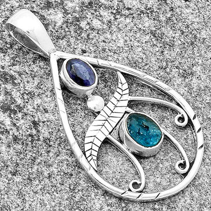 Neon Blue Apatite Rough & Blue Sapphire Quartz Pendant P-1376 SDP133104