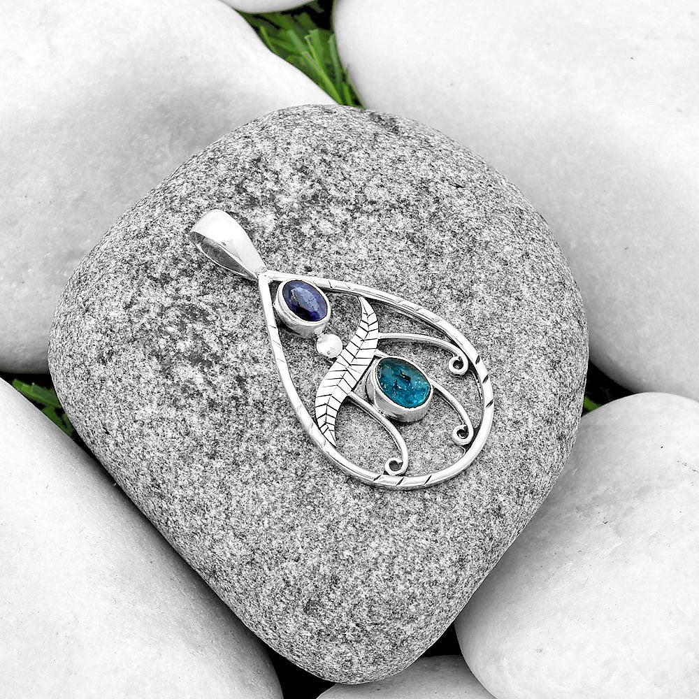 Neon Blue Apatite Rough & Blue Sapphire Quartz Pendant P-1376 SDP133104