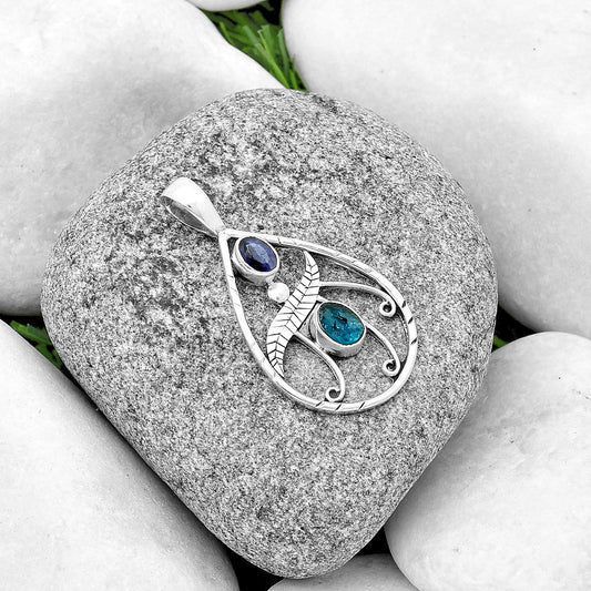 Neon Blue Apatite Rough & Blue Sapphire Quartz Pendant P-1376 SDP133104