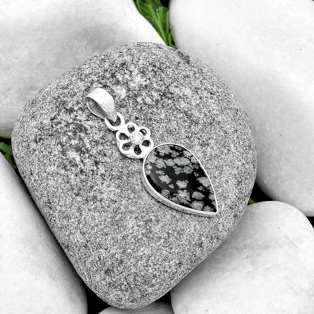 Natural Snow Flake Obsidian & Zircon Pendant P-1634 SDP133230