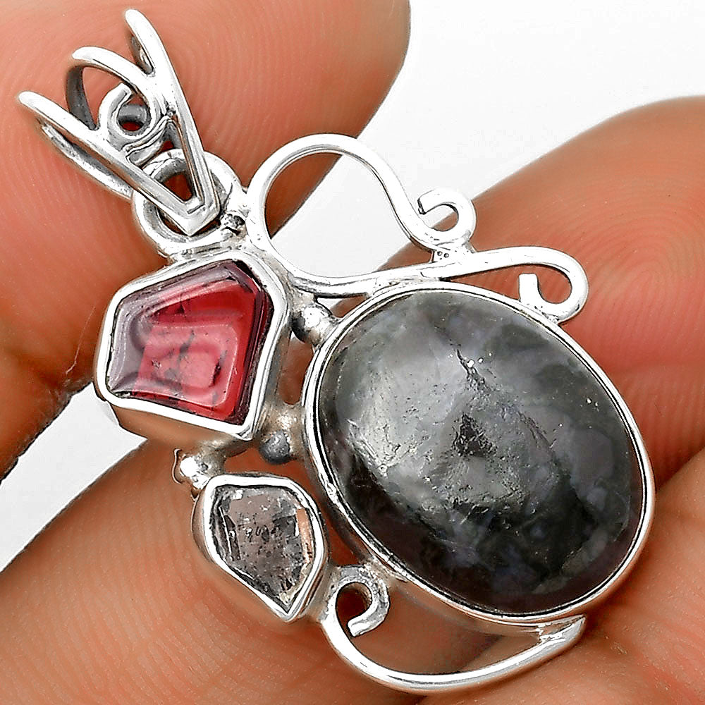 Indigo Gabbro, Garnet & Herkimer Diamond Pendant P-1557 SDP135367