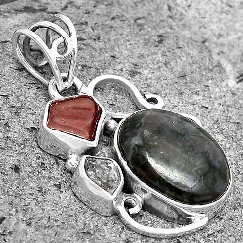 Indigo Gabbro, Garnet & Herkimer Diamond Pendant P-1557 SDP135367