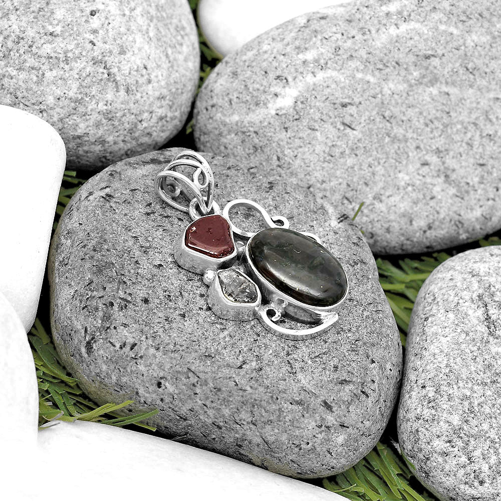 Indigo Gabbro, Garnet & Herkimer Diamond Pendant P-1557 SDP135371