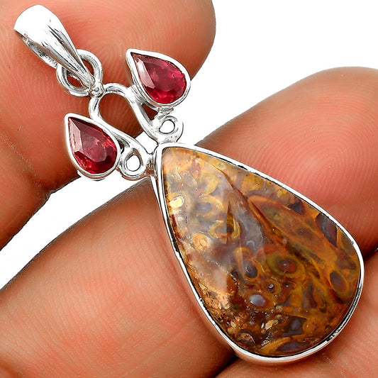 Natural Palm Root Fossil Agate & Garnet Pendant P-1083 SDP135592