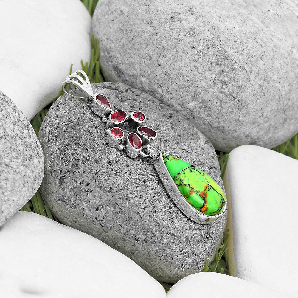 Natural Green Matrix Turquoise & Garnet Pendant P-1101 SDP135791