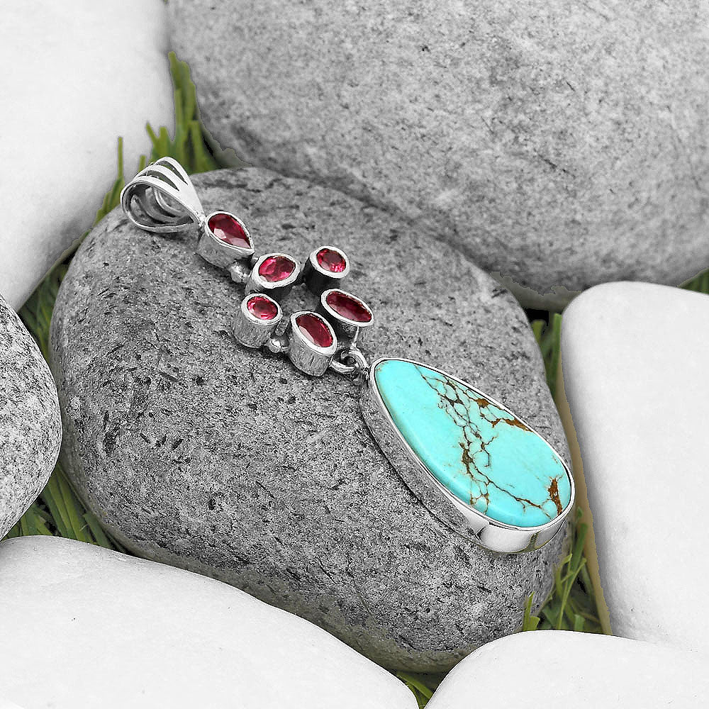 Lucky Charm Tibetan Turquoise & Garnet Pendant P-1101 SDP135794