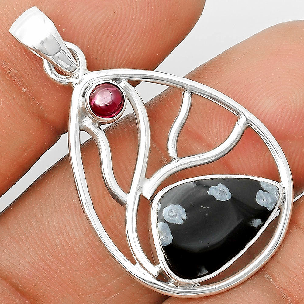 Natural Snow Flake Obsidian & Garnet Pendant P-1572 SDP136025