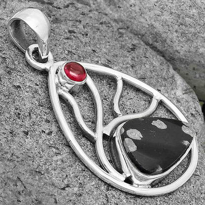 Natural Snow Flake Obsidian & Garnet Pendant P-1572 SDP136025