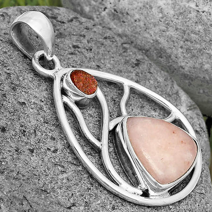 Natural Pink Scolecite & Sunstone Rough Pendant P-1572 SDP136034