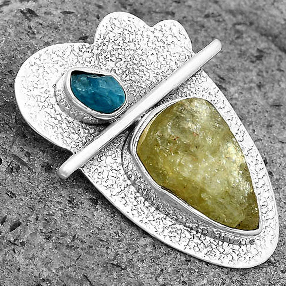 Green Kyanite Rough & Neon Blue Apatite Rough Pendant P-1338 SDP136099