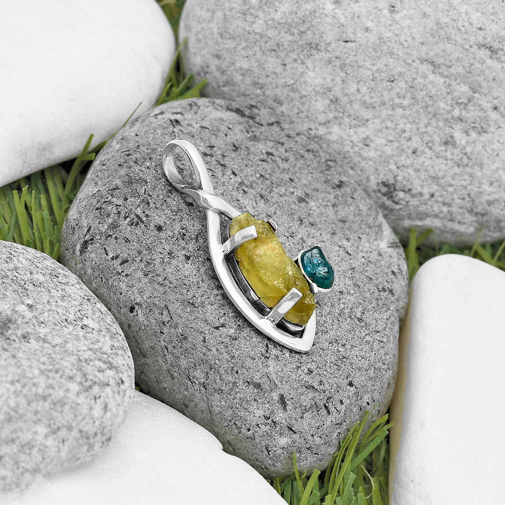 Green Kyanite Rough & Neon Blue Apatite Rough Pendant P-1640 SDP136268