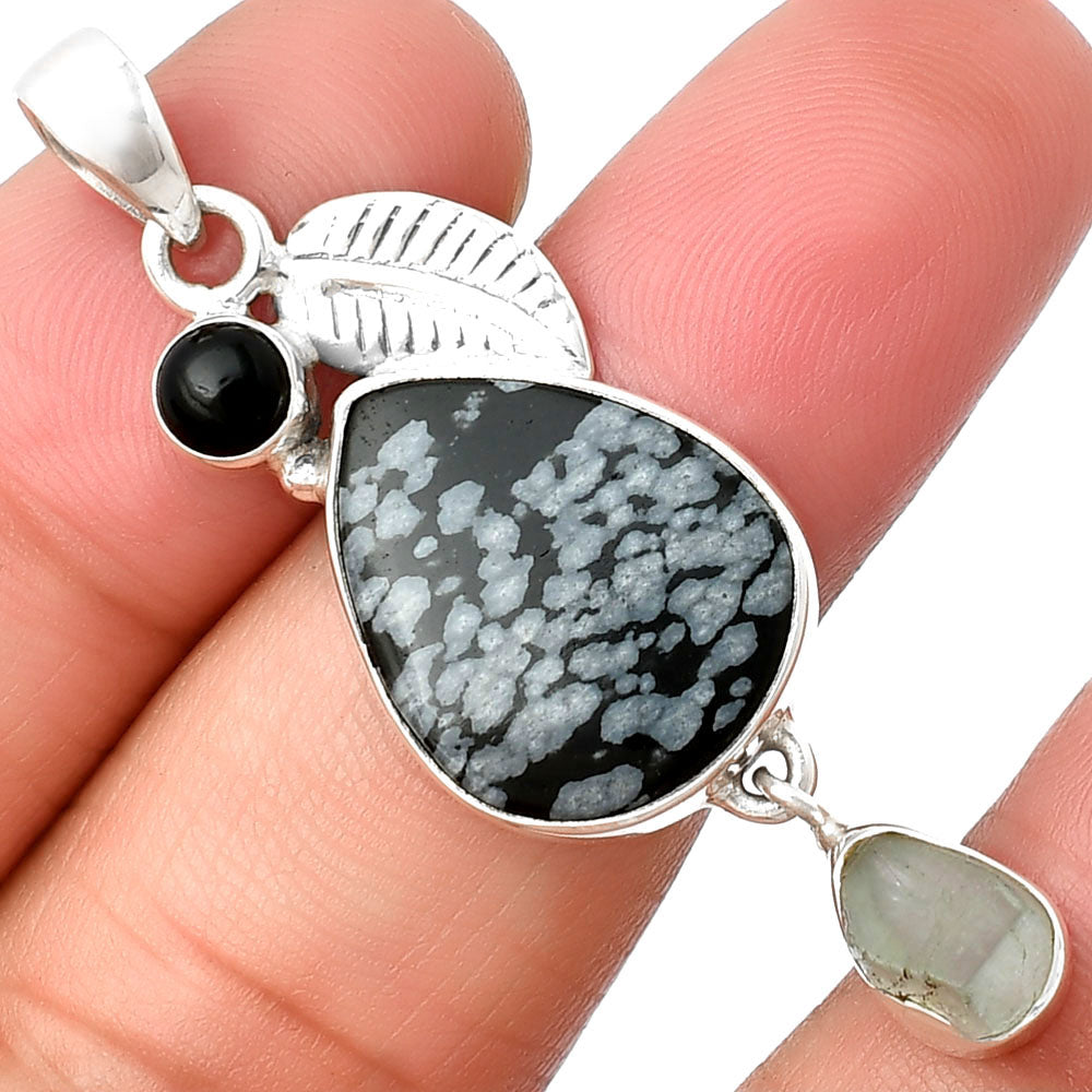 Snow Flake Obsidian, Aquamarine Rough & Black Onyx Pendant P-1414 SDP137717