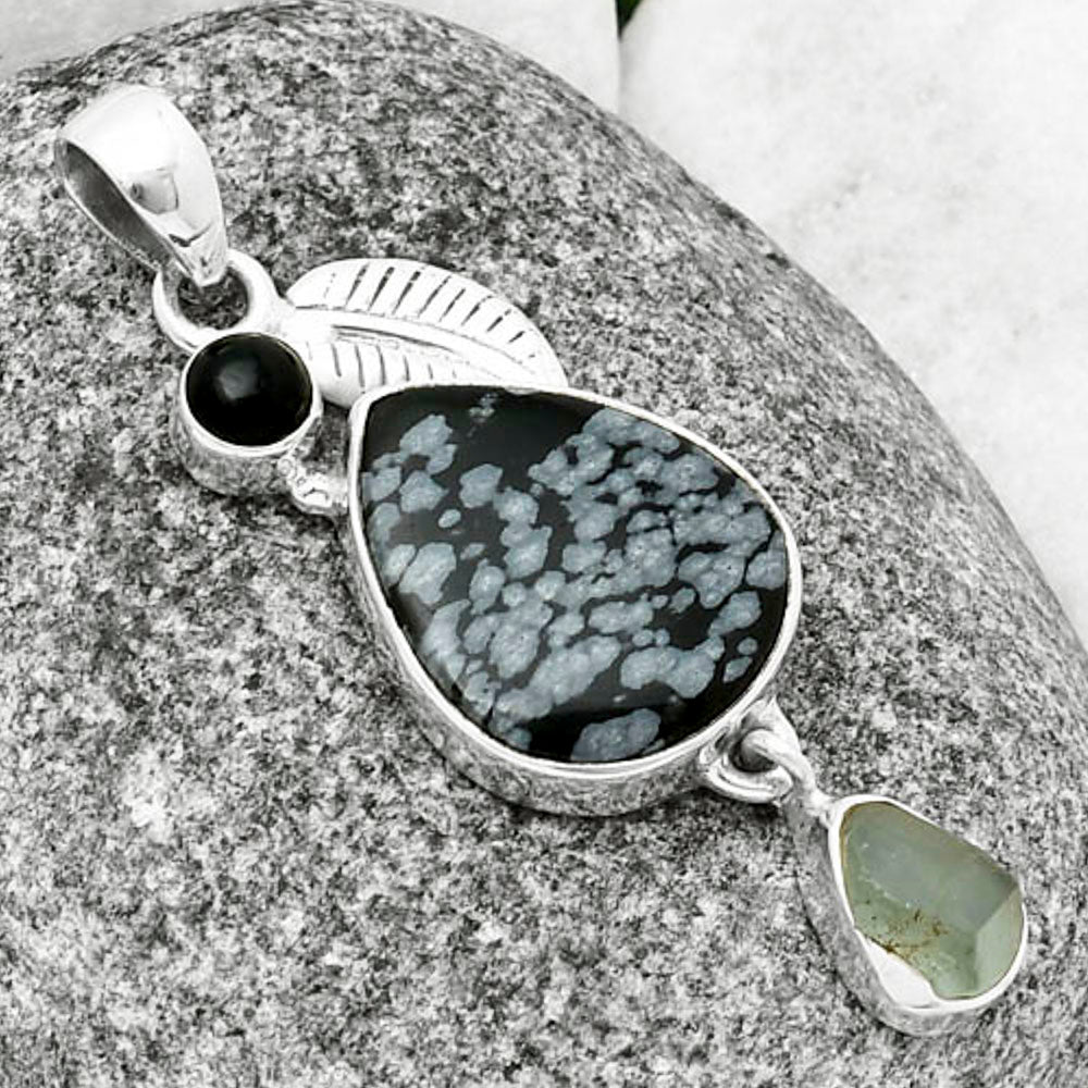 Snow Flake Obsidian, Aquamarine Rough & Black Onyx Pendant P-1414 SDP137717