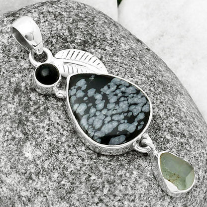 Snow Flake Obsidian, Aquamarine Rough & Black Onyx Pendant P-1414 SDP137717