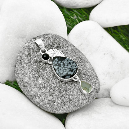 Snow Flake Obsidian, Aquamarine Rough & Black Onyx Pendant P-1414 SDP137717