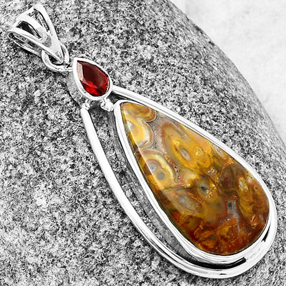 Palm Root Fossil Agate & Garnet Pendant P-1005 SDP139205