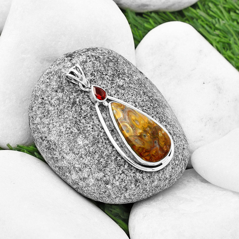 Palm Root Fossil Agate & Garnet Pendant P-1005 SDP139205