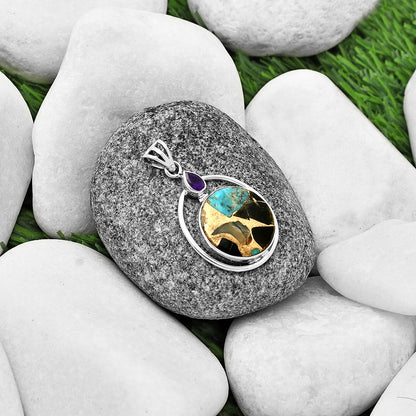 Shell In Black Blue Turquoise & Amethyst Pendant P-1005 SDP139267