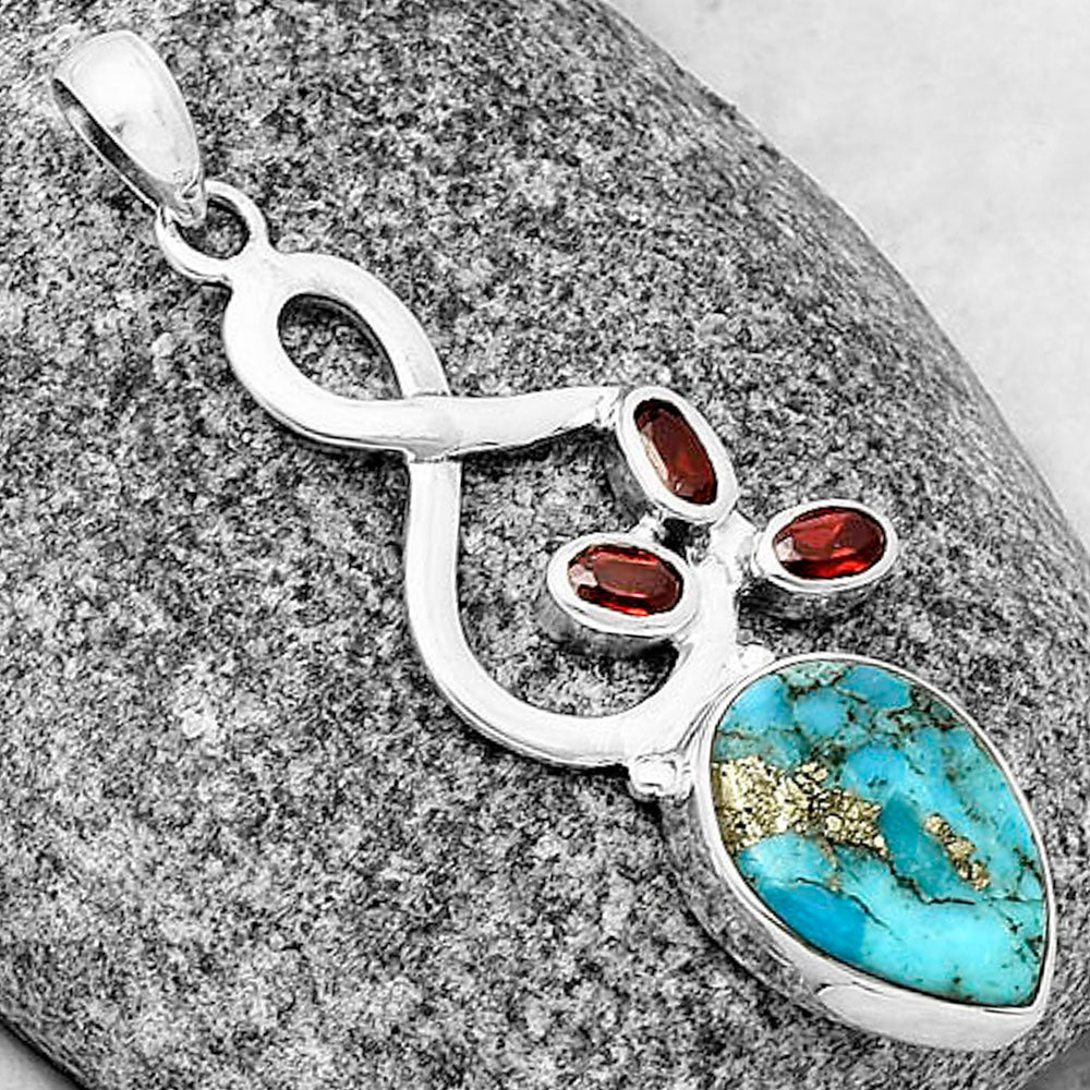 Natural Kingman Turquoise With Pyrite & Garnet Pendant P-1118 SDP139385