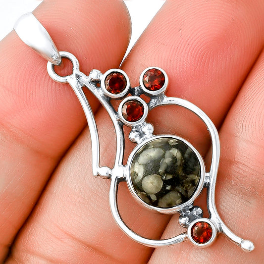 Llanite Blue Opal Crystal Sphere & Garnet Pendant P-1037 SDP139452