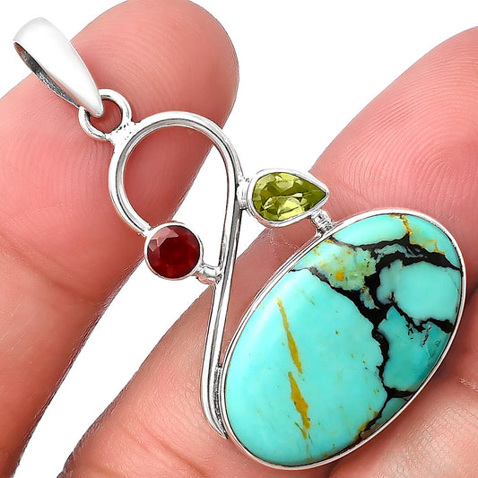 Lucky Charm Tibetan Turquoise, Peridot & Garnet Pendant P-1027 SDP141151
