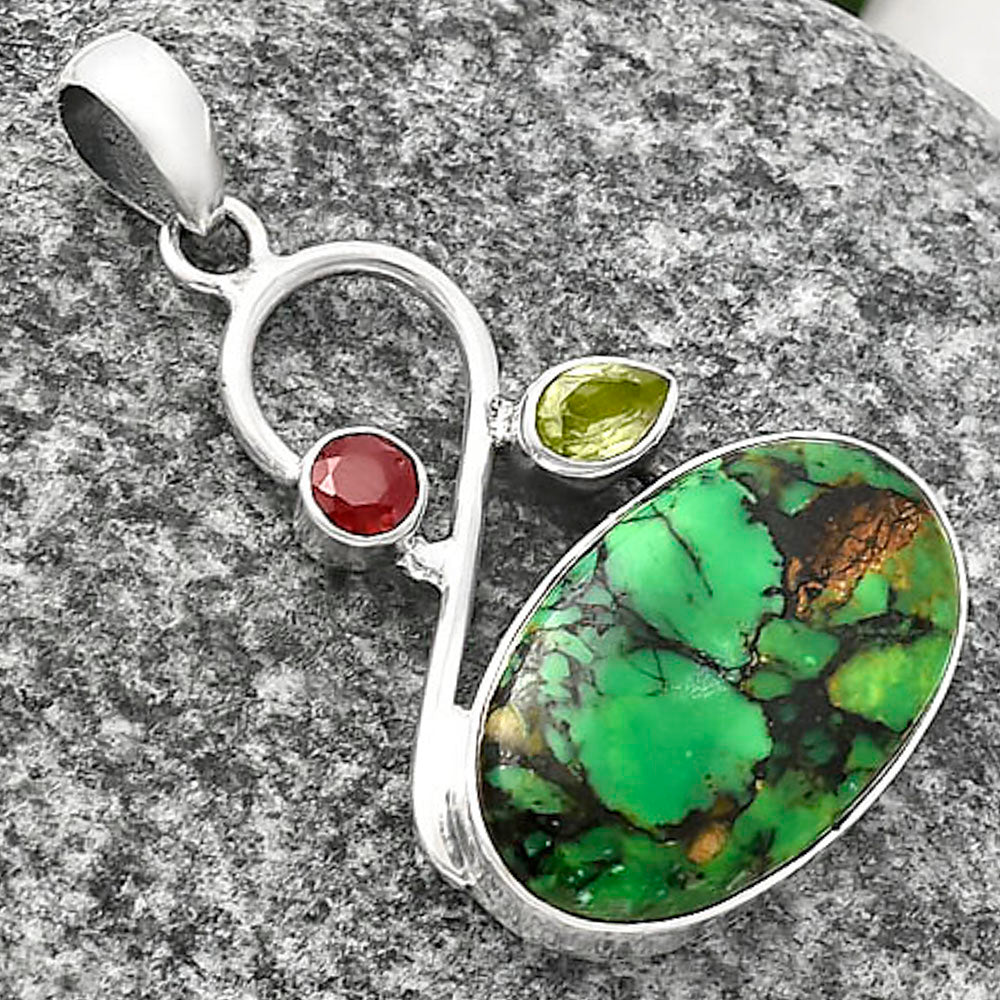 Green Matrix Turquoise, Peridot & Garnet Pendant P-1027 SDP141155