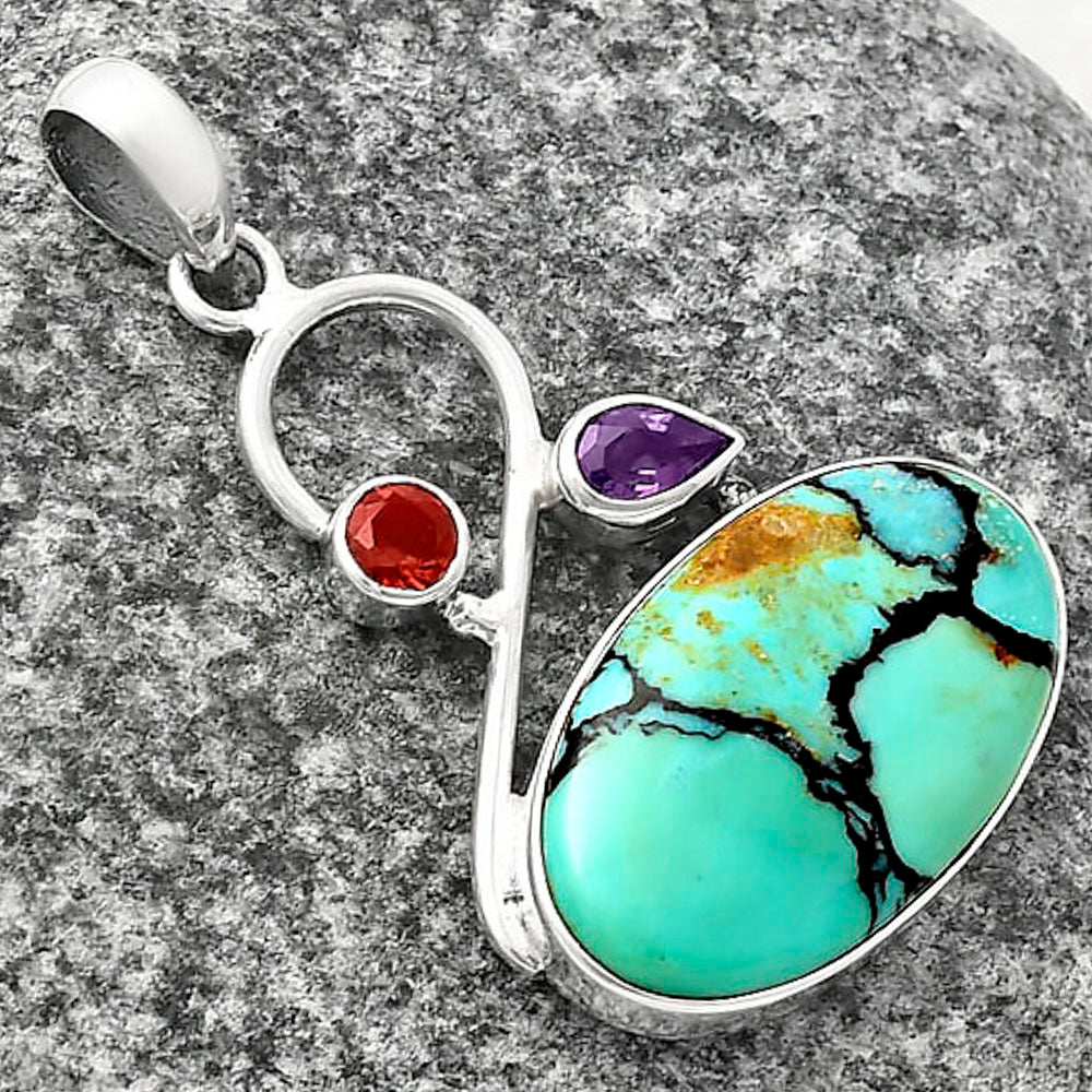 Lucky Charm Tibetan Turquoise, Amethyst & Garnet Pendant P-1027 SDP141164