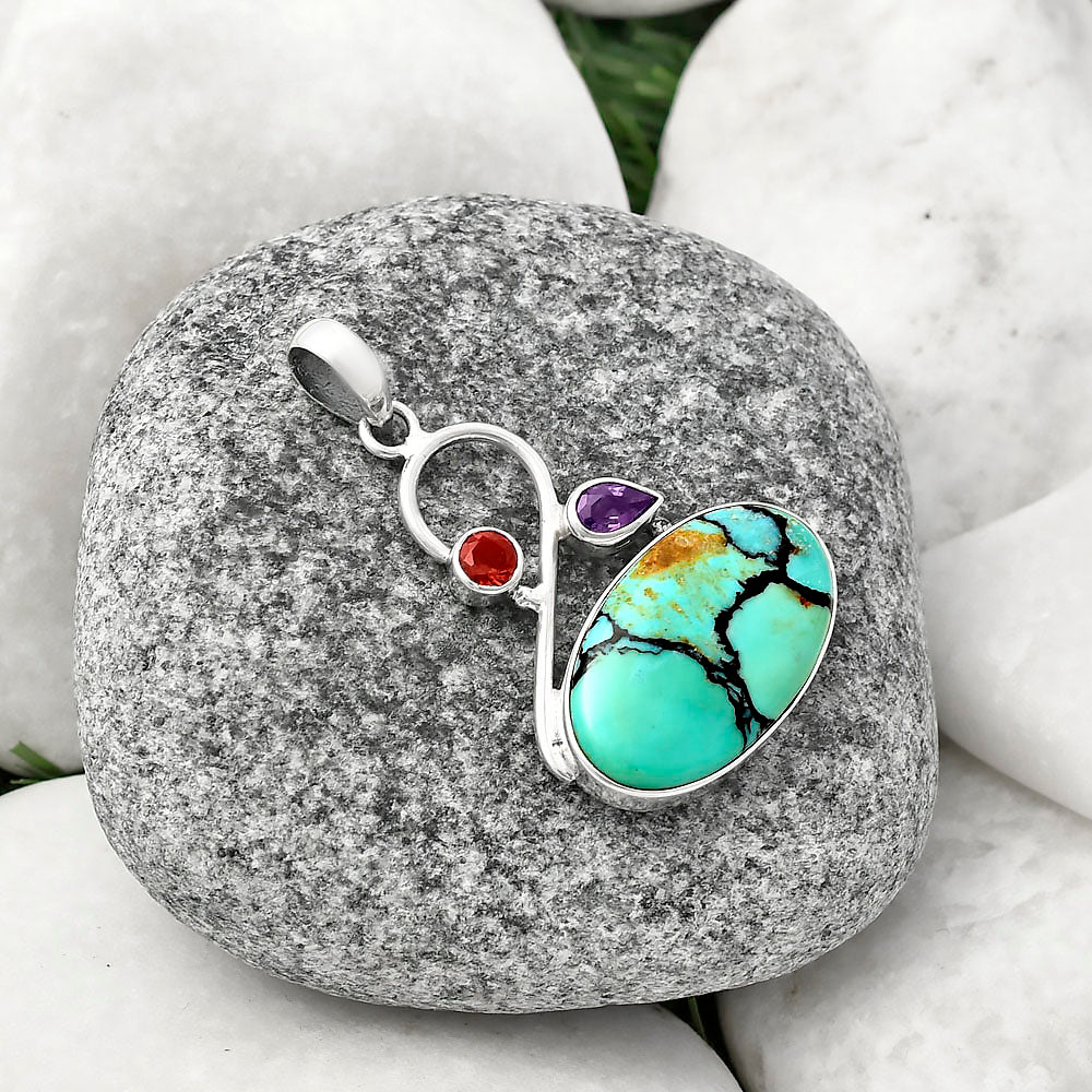 Lucky Charm Tibetan Turquoise, Amethyst & Garnet Pendant P-1027 SDP141164