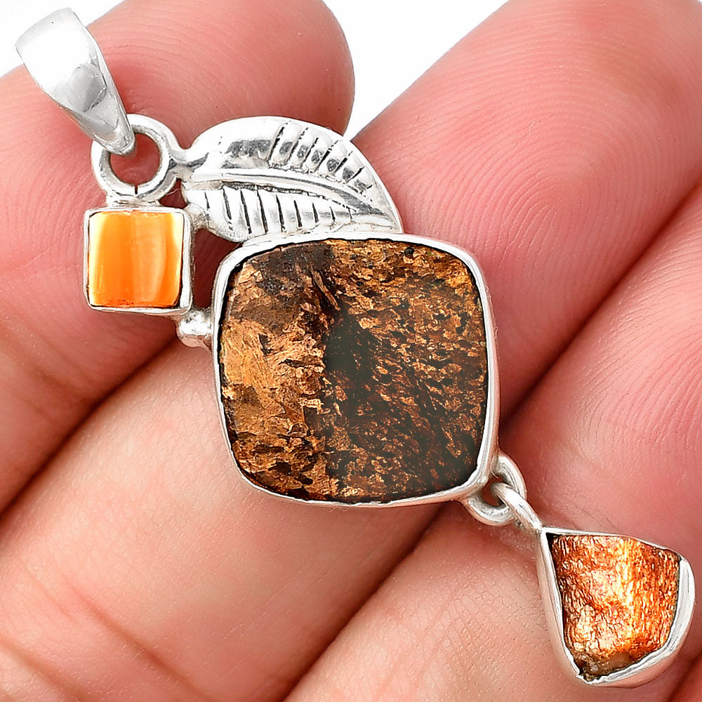 Bronzite, Natural Spiny Oyster Shell & Sunstone Rough Pendant P-1414 SDP141243