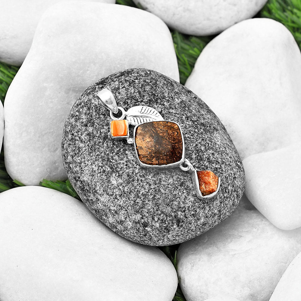 Bronzite, Natural Spiny Oyster Shell & Sunstone Rough Pendant P-1414 SDP141243