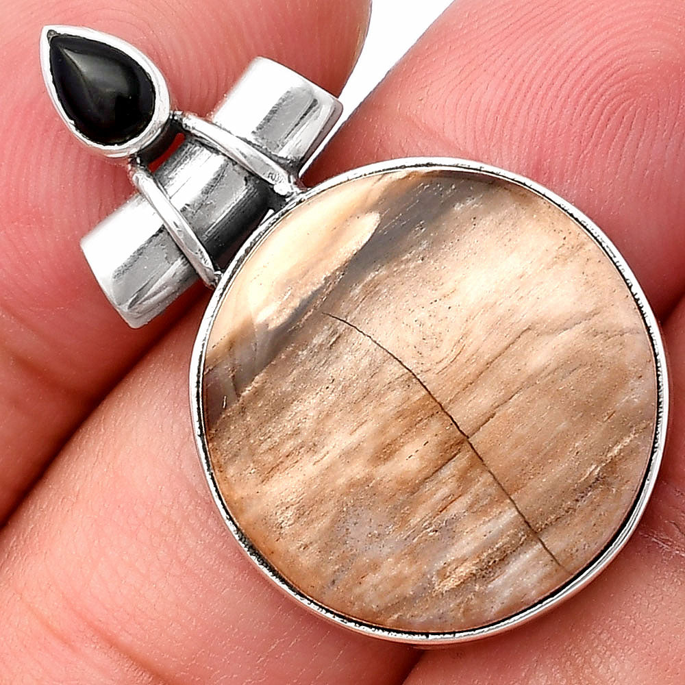Natural Petrified Wood & Black Onyx Pendant P-1159 SDP142788