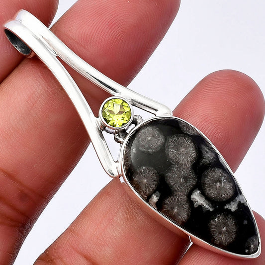 Black Flower Fossil Coral & Peridot Pendant P-1006 SDP142978