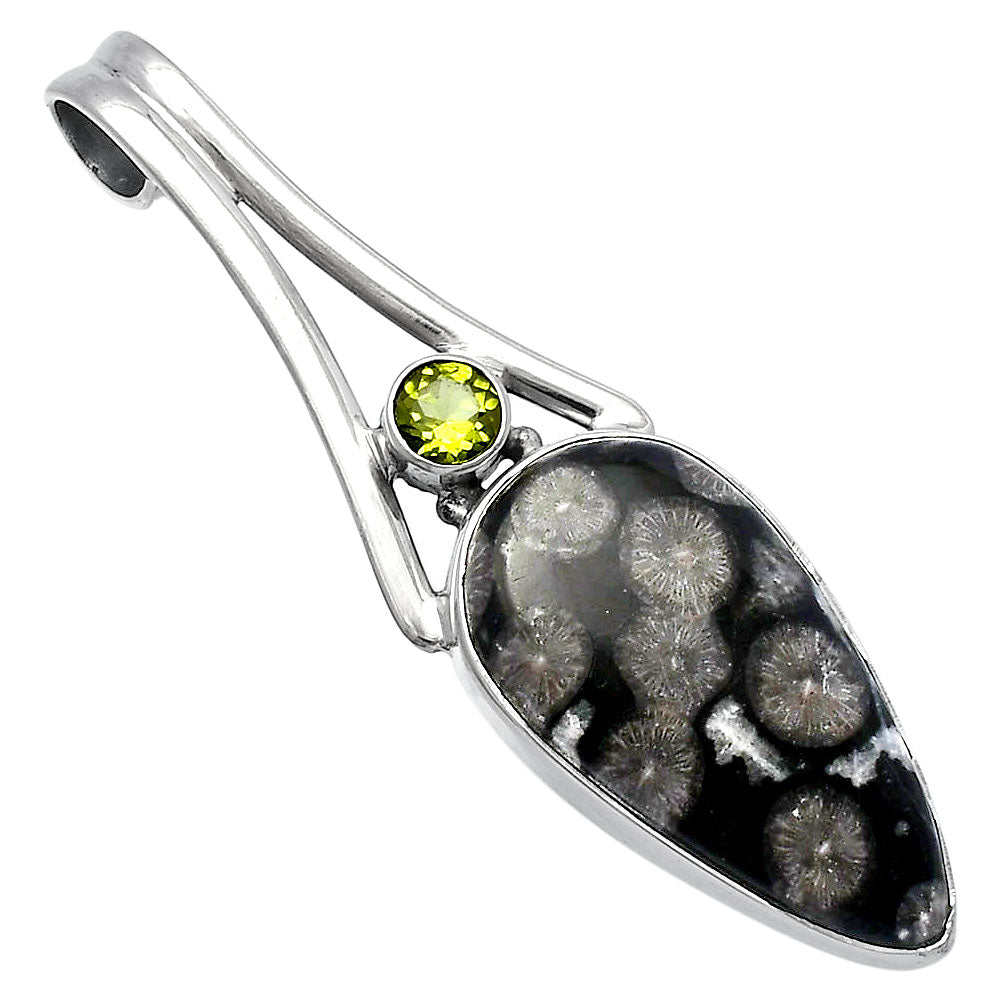 Black Flower Fossil Coral & Peridot Pendant P-1006 SDP142978