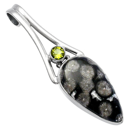 Black Flower Fossil Coral & Peridot Pendant P-1006 SDP142978